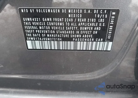 2016 Volkswagen Jetta 1.8T Sport z USA, uszkodzony, nr VIN 3VWD17AJ8GM272184